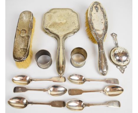 Hallmarked silver items comprising set of six Victorian fiddle pattern teaspoons, tea strainer, two napkin rings and two brus