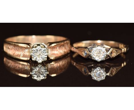 An 18ct gold ring set with a diamond in a platinum setting (2.5g, size M) and a 9ct gold ring set with a diamond in a platinu