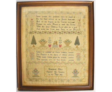 Georgian sampler / embroidery with verse, floral and crested decoration with ornate border and 'Elizabeth Fisher finished thi