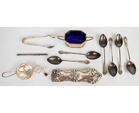 Hallmarked silver items comprising set of six teaspoons and sugar tongs, page turner handle, salt with blue glass handle and 