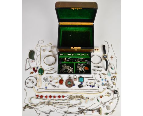 A collection of silver jewellery including twelve rings, bangle, bracelet, brooch, four chains, six pendants, seven pairs of 