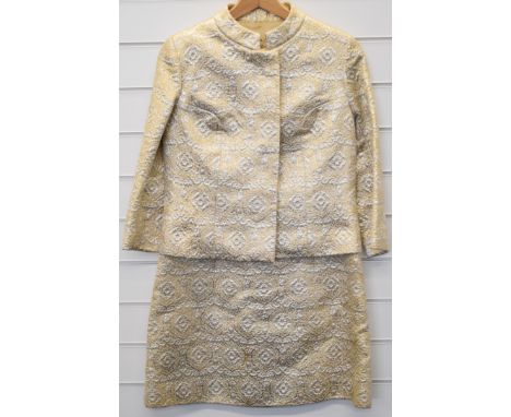 Bob Schulz designer / haute couture 1960s silver and gold thread brocade jacket and skirt, size S