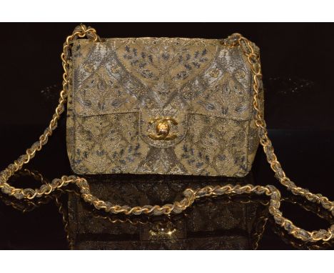 Chanel vintage 1995 bronze brocade square mini flap bag with gold plated hardware, with dust bag