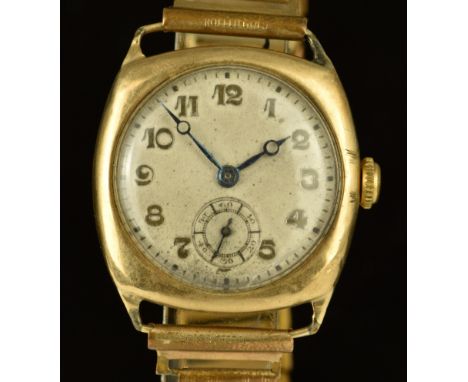 Unnamed 9ct gold gentleman's wristwatch with subsidiary seconds dial, blued Breguet hands, gold Arabic numerals, silver dial,