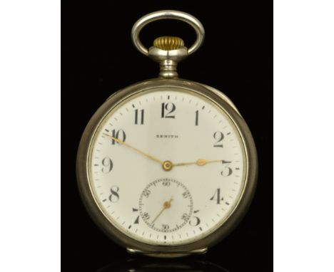 Zenith silver keyless winding open faced pocket watch with subsidiary seconds dial, gold hands, black Arabic numerals, white 
