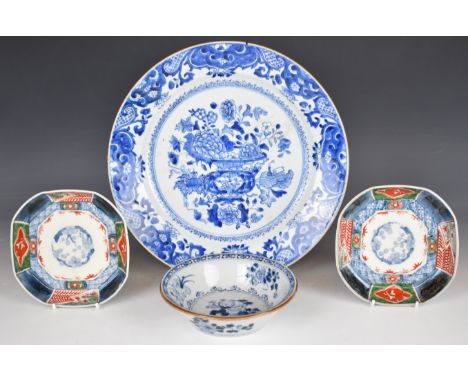 19thC Chinese porcelain including a blue and white dish, pair of hexagonal dishes with enamelled cartouches and an export pla