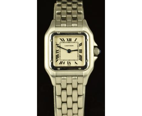 Cartier Panth&egrave;re ladies wristwatch ref. 132 000 with blued hands, black Roman numerals, silver dial, sapphire set crow