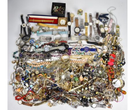 A collection of jewellery and watches including Swatch, Accurist, Rado, etc, pearl and amethyst bracelet, amethyst necklace, 