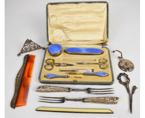 Art Deco hallmarked silver and blue guilloch&eacute; enamel mounted dressing table set, London 1919, maker&nbsp;Charles Henry