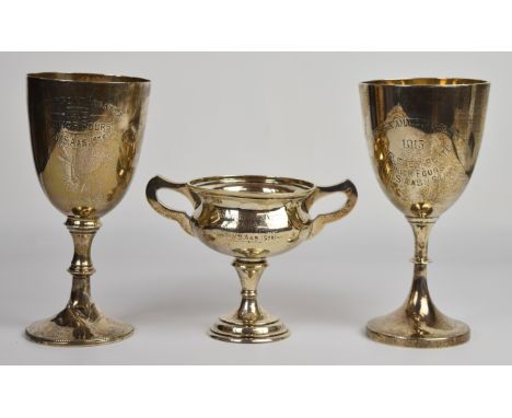 Three George V hallmarked silver rowing trophy cups comprising 1913 Burton Amateur Regatta Anglesey plate and two Stourport R