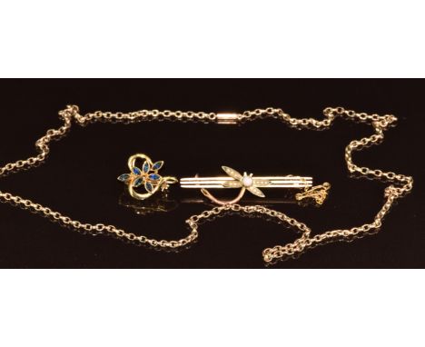 A 9ct rose gold necklace/ chain, 9ct gold brooch in the form of a dragonfly set with an opal and seed pearls and a 9ct gold b
