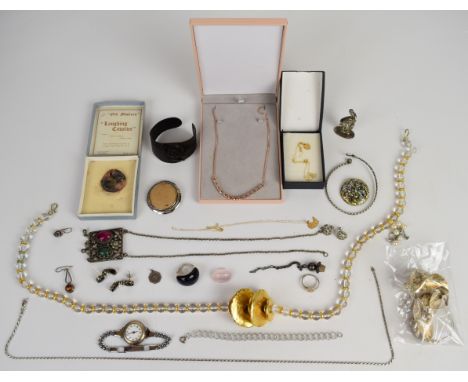 A collection of jewellery including two 9ct gold chains (0.5g), silver including necklace, bracelet, earrings and ring, vulca