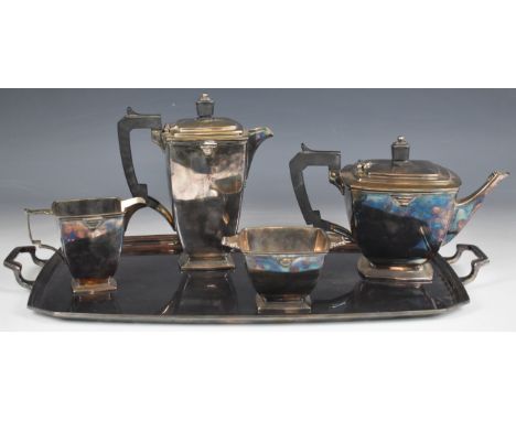 Mappin &amp; Webb Art Deco plated five piece tea set including twin handled tray, tallest 20cm&nbsp;