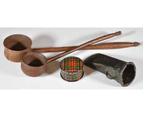 18th / 19thC Scottish treen toddy ladles, a possibly Neolithic bronze axe head and a Tartanware pill box, largest 22cm