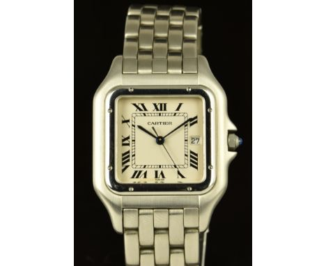 Cartier Panth&egrave;re wristwatch ref. 130 000 with blued hands, black Roman numerals, silver dial, sapphire set crown, poli