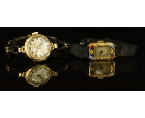 Two ladies wristwatches, one 9ct gold with mother of pearl dial, blued Breguet hands and Arabic numerals, the other yellow me