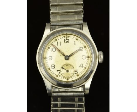 Enicar British military wristwatch with subsidiary seconds dial, luminous hands, Arabic numerals, silver dial, stainless stee
