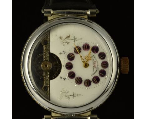 Hebdomas patent gentleman's wristwatch with visible escapement, gold hands, silver Roman numerals on purple guilloch&eacute; 
