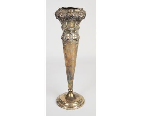 Art Nouveau Walker &amp; Hall large hallmarked silver trumpet vase with embossed top section, with tapering lower section, Sh