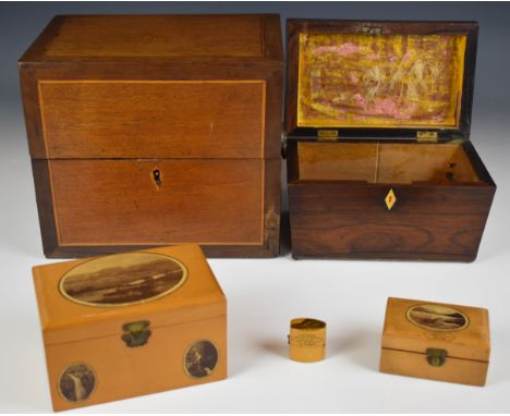 Aberfeldy and Loch Eck mauchlineware boxes, Stirling Castle ring box, rosewood tea caddy and an inlaid box, width of largest 