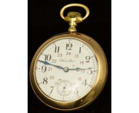 Hamilton gold plated keyless winding open faced pocket watch with inset subsidiary seconds dial, blued hands, black Arabic nu