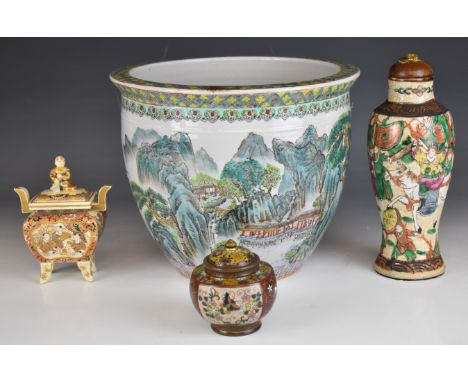 Chinese jardini&egrave;re, lamp, Japanese satsuma figural koro and cloisonn&eacute; ginger jar, tallest 22.5cm