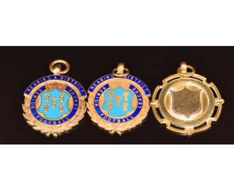 Two 9ct gold Reading &amp; District football medallions with enamel decoration and a 9ct gold medallion engraved 'Aldbourne s