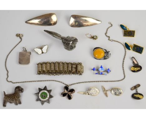 A collection of jewellery including Liberty cufflinks, two pairs of silver cufflinks, silver earrings, silver brooch set with