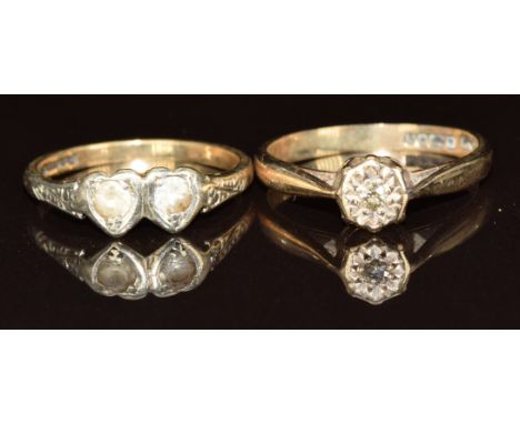 Two 9ct gold rings, one set with a diamond and the other quartz, 3.8g, size J &amp; K