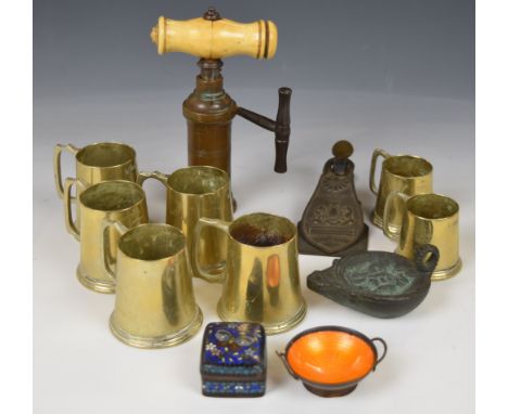 19thC mechanical brass corkscrew with bone handle, Merry Phipson and Parker letter clip, Chinese cloisonn&eacute; stamp box, 