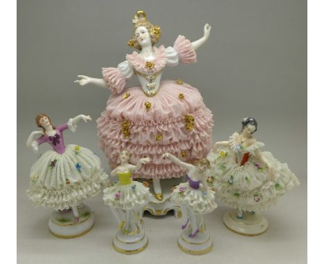 Two pairs of Dresden ballerina figures and one other figure, early 20th Century