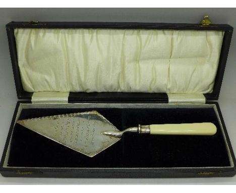 A silver plated presentation trowel, 1958 inscription, in a fitted case