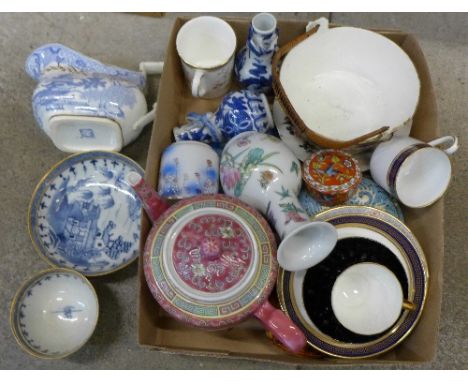 Chinese pottery, coffee cans, Doulton, Coalport and Spode, etc., and a Willow pattern sauce boat