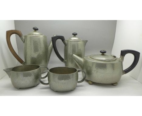 A five piece Tudric pewter tea service