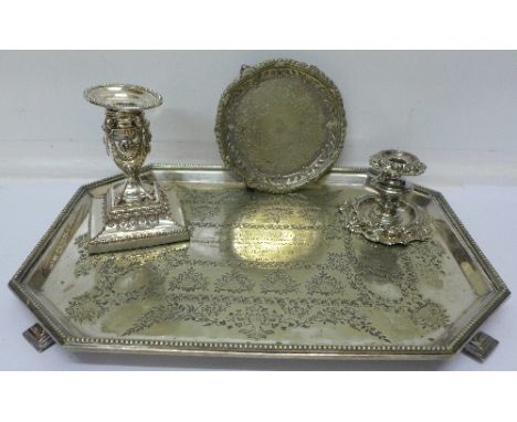 A plated tray, a card tray, a candlestick and a chamber stick