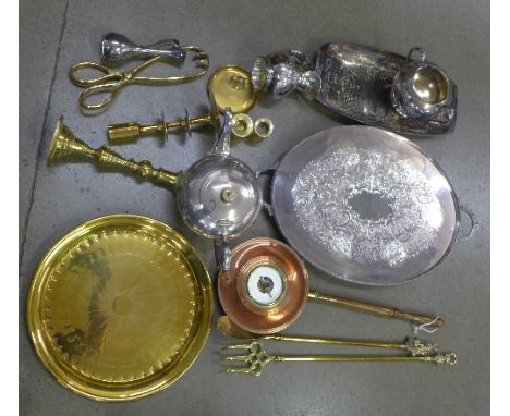 A plated three piece tea service and tray, a Danish plated jug, tray, brass and copper including a copper barometer
