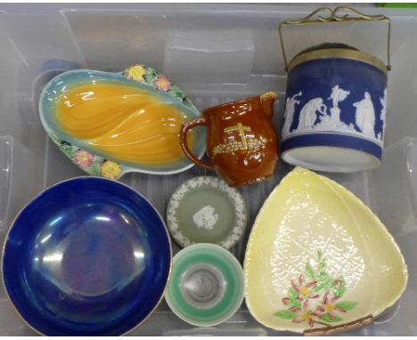 A Shelley banded bowl, a Shorter & Son dish, an Adams Jasperware biscuit barrel with plated top, a Carlton Ware lustre bowl a