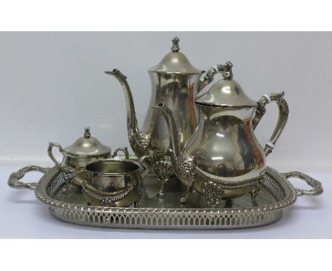A four piece plated tea service and gallery tray