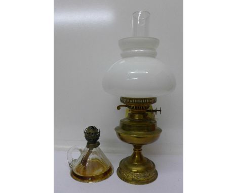 A brass oil lamp a/f and a small chamber oil lamp