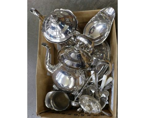 A four piece plated tea service, a plated sauce boat, flatware, etc.
