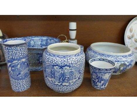 Six items of Adams china comprising a beaker, octagonal bowl, lamp base, a bowl and two vases