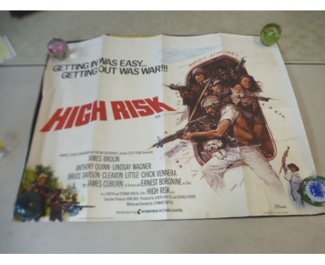 6 FILM POSTERS - HIGH RISK, LION OF THE DESERT, THE EAGLE HAS LANDED, A BRIDGE TOO FAR, APOCALYPSE NOW AND WHO DARES WINS