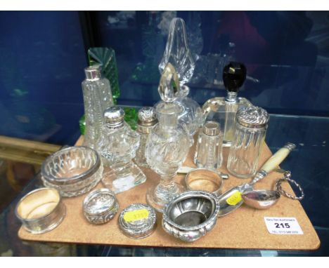 ASSORTED SILVER TOPPED AND RIMMED PERFUME BOTTLES, GLASS BOTTLES, SILVER NAPKIN RINGS, SILVER TOPS, SILVER CONDIMENT POT, SIL