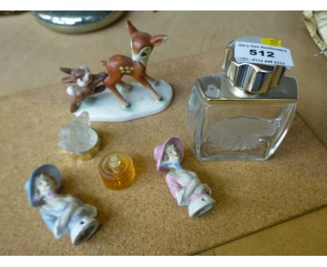 2 PERFUME BOTTLES, 2 PINCUSHION DOLLS AND A GOEBEL WALT DISNEY FIGURE