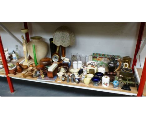 ASSORTED CHINA, WOODWARE AND OTHER ITEMS INCLUDINGBAROMETER, DOMINOES, VASES, JUGS, CLOCK, ROYAL WORCESTER, PLATED WARE ETC