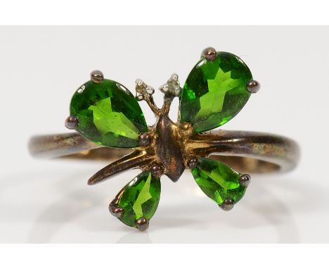 A 9ct gold diamond and green gemstone butterfly ring, R, 3.1g