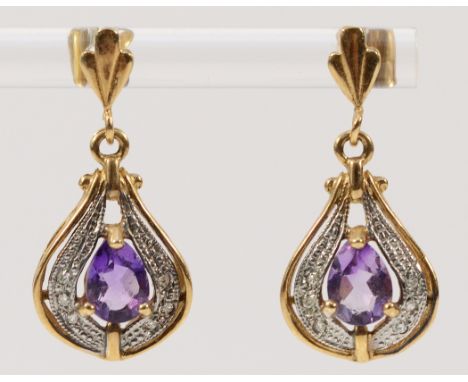 A pair of 9ct gold amethyst and diamond drop earrings with scroll backs, 25mm drop, 2.7g