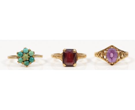 A 9ct gold amethyst dress ring, O, 1.5g, a 9ct gold turquoise cluster ring, M, 1.7g, and a 9ct gold garnet dress ring, M, 2.8
