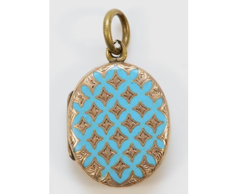 An unmarked 9ct gold back and front blue enamel locket, 19mm x 15mm, 3.8g