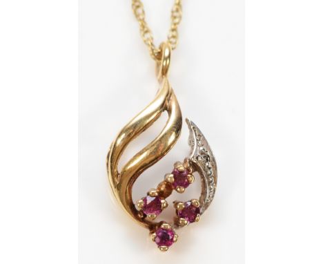 A 9ct gold ruby and diamond pendant with a chain, 15mm, 2g